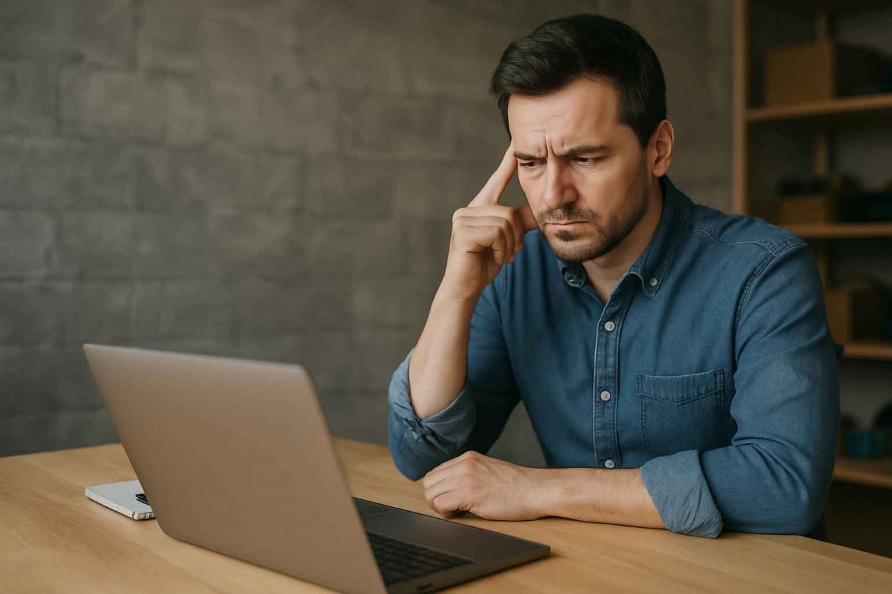 Person betrachtet kritisch den Bildschirm - steht sinnbildlich für Probleme und Optimierungspotenzial bei SEO im Dienstleistungsbereich.