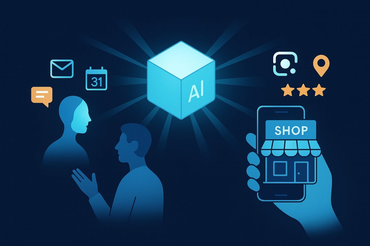 Illustration zeigt künstliche Intelligenz als Verbindung zwischen Menschen, Smartphone und lokaler Suche - Symbol für AI Overview und Gemini Live.