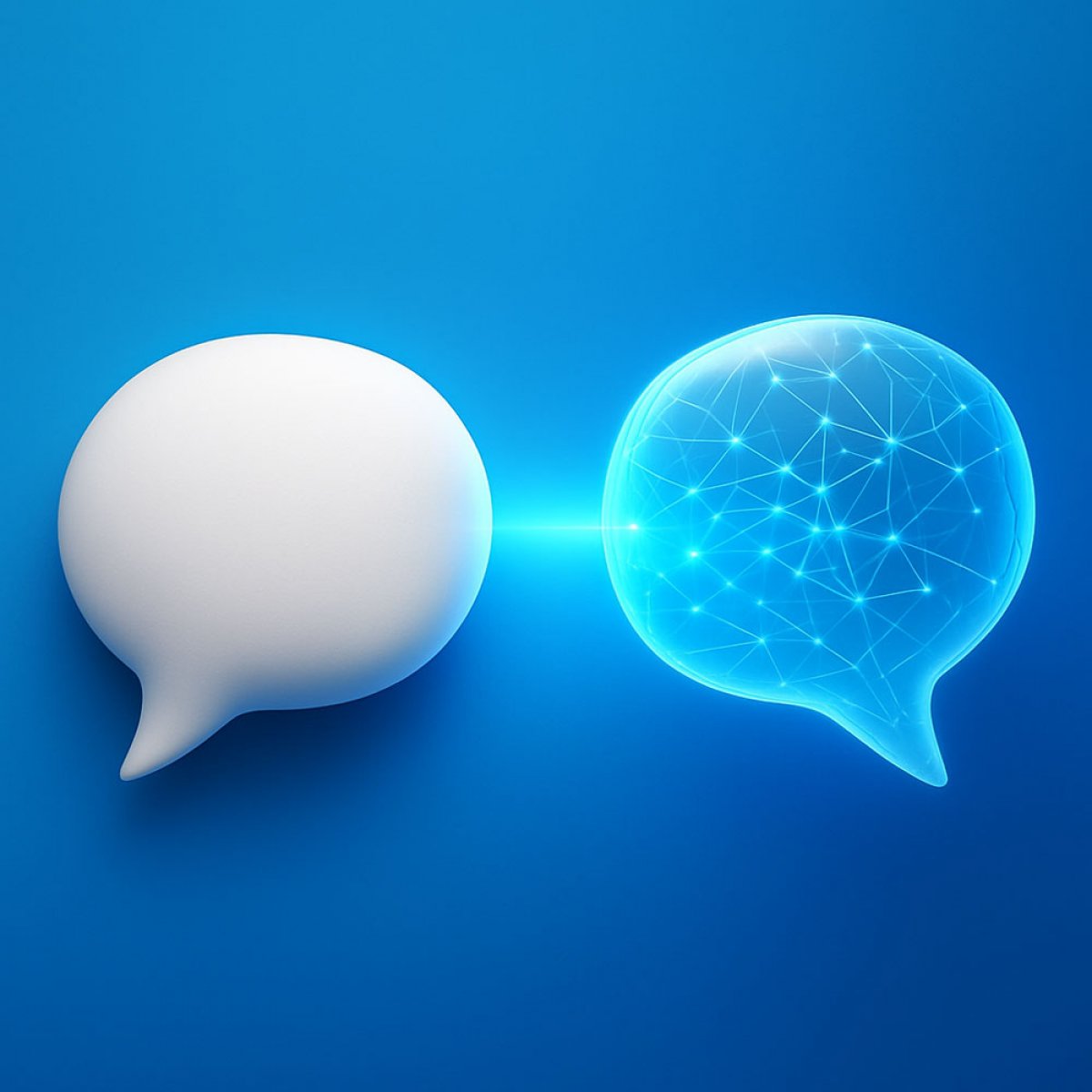 Two speech bubbles - one real, one digitally networked - symbolise the connection between humans and artificial intelligence on AI-optimised websites.