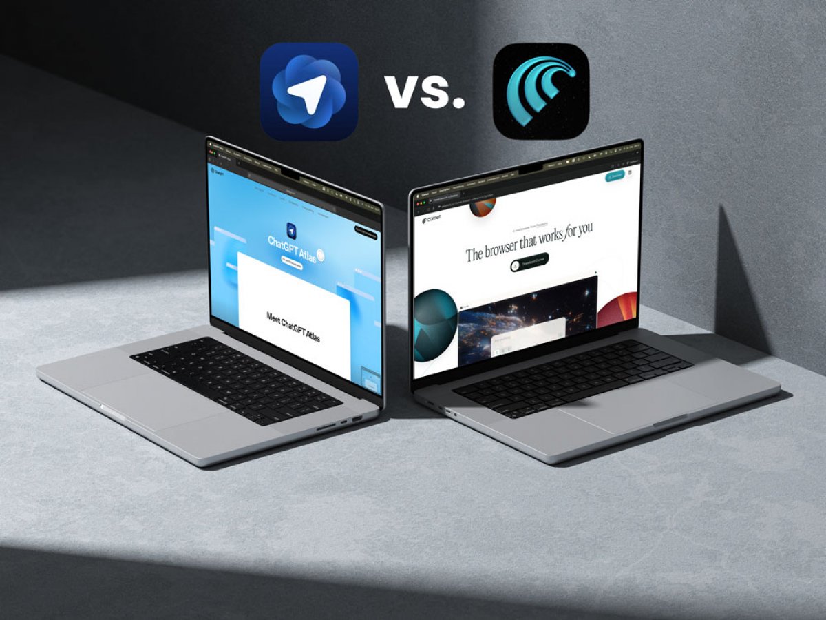 Visual comparison between the AI browsers ChatGPT Atlas and Perplexity Comet on two notebooks.