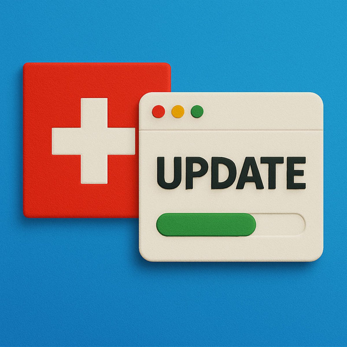 Symbolgrafik mit Schweizerkreuz und Fenster mit Aufschrift Update verweist auf lokale KI Anpassungen.